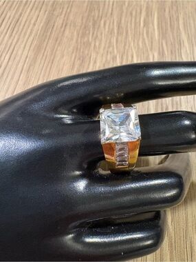18K Gold Electroplated Ring with Clear Center Stone - Size 10